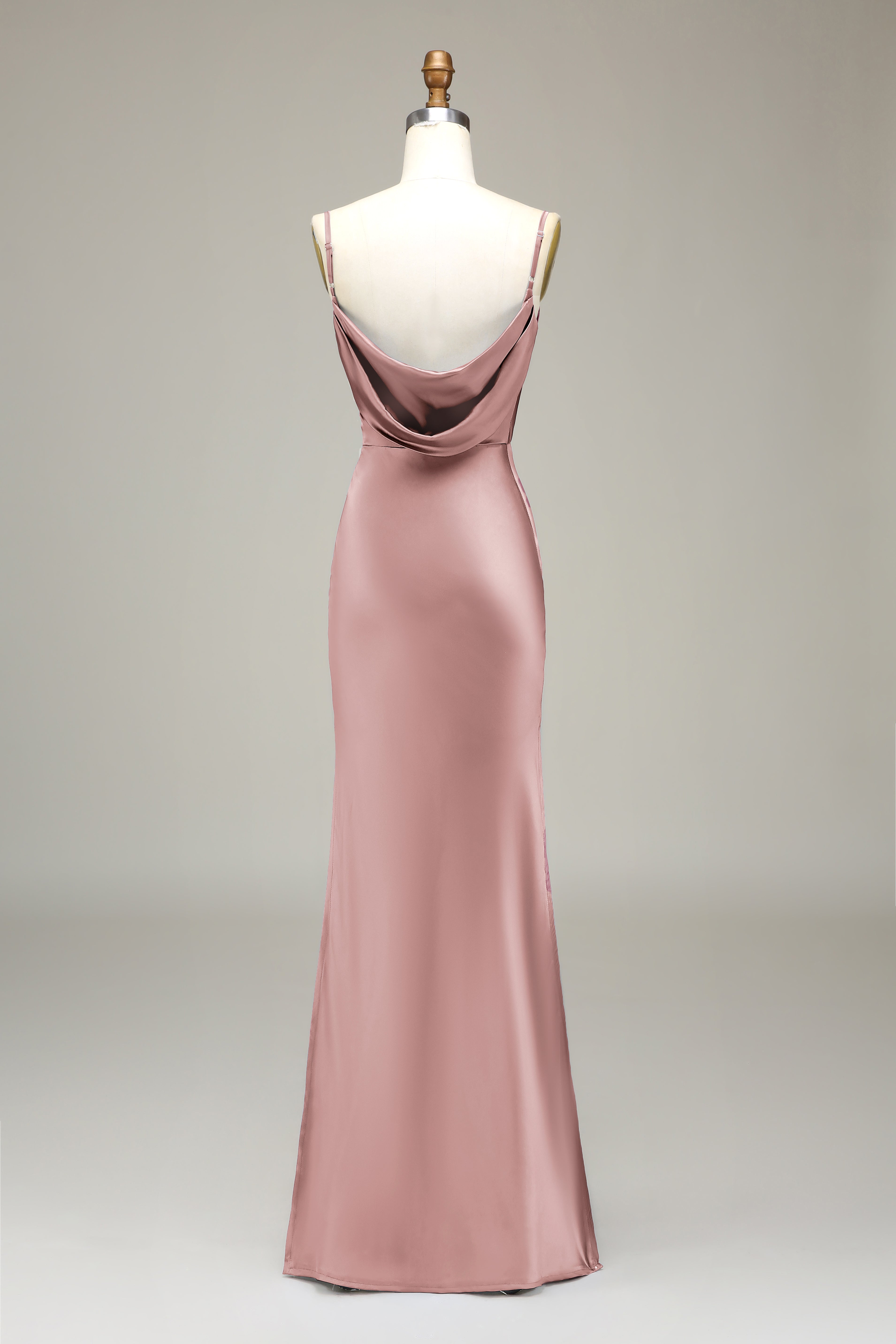Dusty Rose Sheath Spaghetti Straps Satin Long Bridesmaid Dress