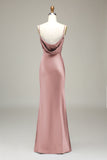 Dusty Rose Sheath Spaghetti Straps Satin Long Bridesmaid Dress