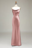 Dusty Rose Sheath Spaghetti Straps Satin Long Bridesmaid Dress