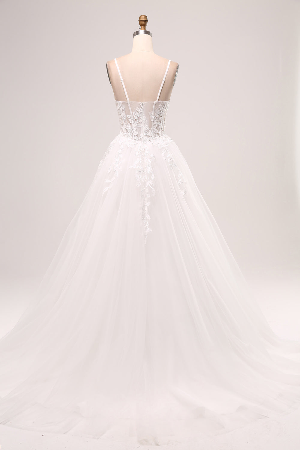 White A-Line Spaghetti Straps Corset Lace Tulle Long Wedding Dress