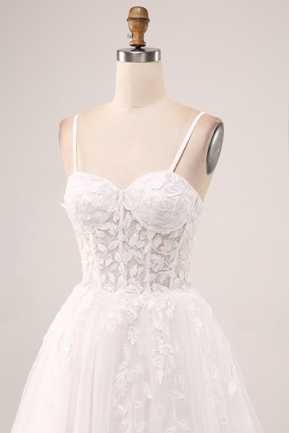 White A-Line Spaghetti Straps Corset Lace Tulle Long Wedding Dress