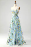 Blue Flower A Line Spaghetti Straps Corset Embroidered Formal Dress with Slit