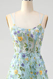Blue Flower A Line Spaghetti Straps Corset Embroidered Formal Dress with Slit