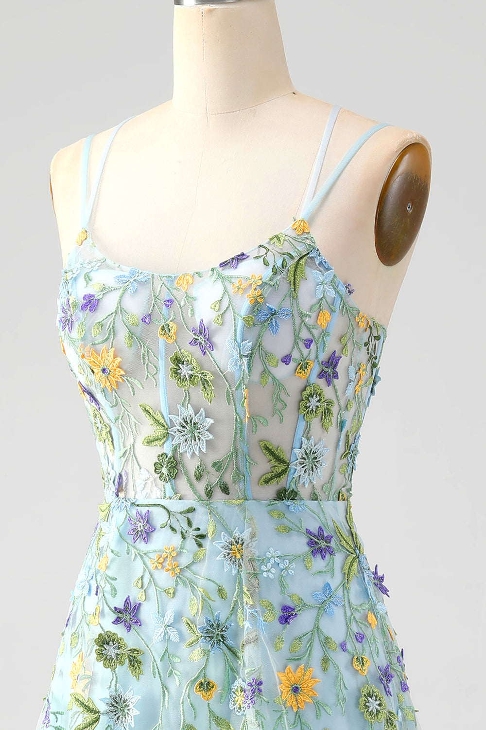 Blue Flower A Line Spaghetti Straps Corset Embroidered Formal Dress with Slit