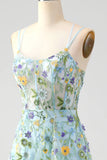 Blue Flower A Line Spaghetti Straps Corset Embroidered Formal Dress with Slit