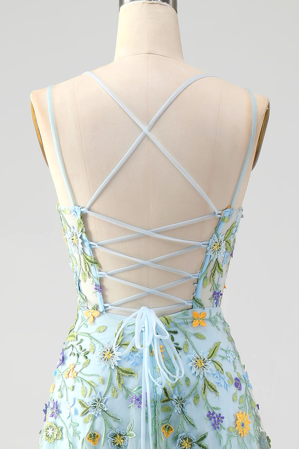 Blue Flower A Line Spaghetti Straps Corset Embroidered Formal Dress with Slit