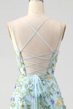 Blue Flower A Line Spaghetti Straps Corset Embroidered Formal Dress with Slit