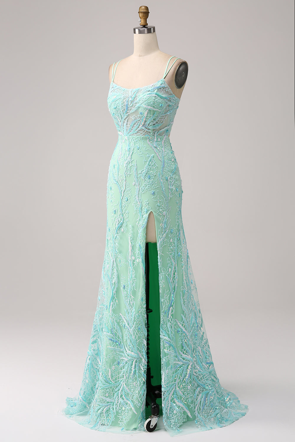 Green Mermaid Spaghetti Straps Sequins Long Formal Dress with Slit
