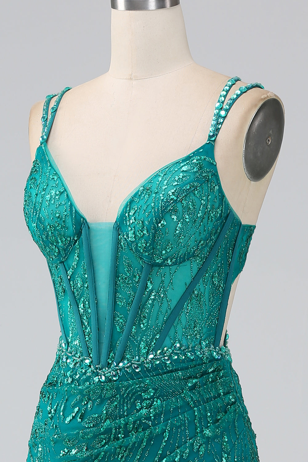 Dark Green Sparkly Mermaid Spaghetti Straps Corset Formal Dress With Slit