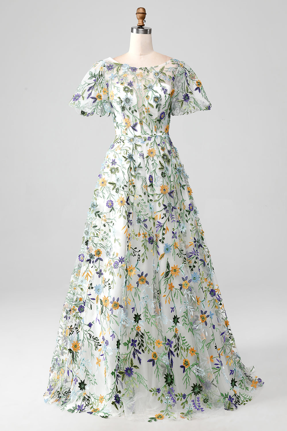 Mauve Ball-Gown/Princess Embroidered Formal Dress with Short Sleeves