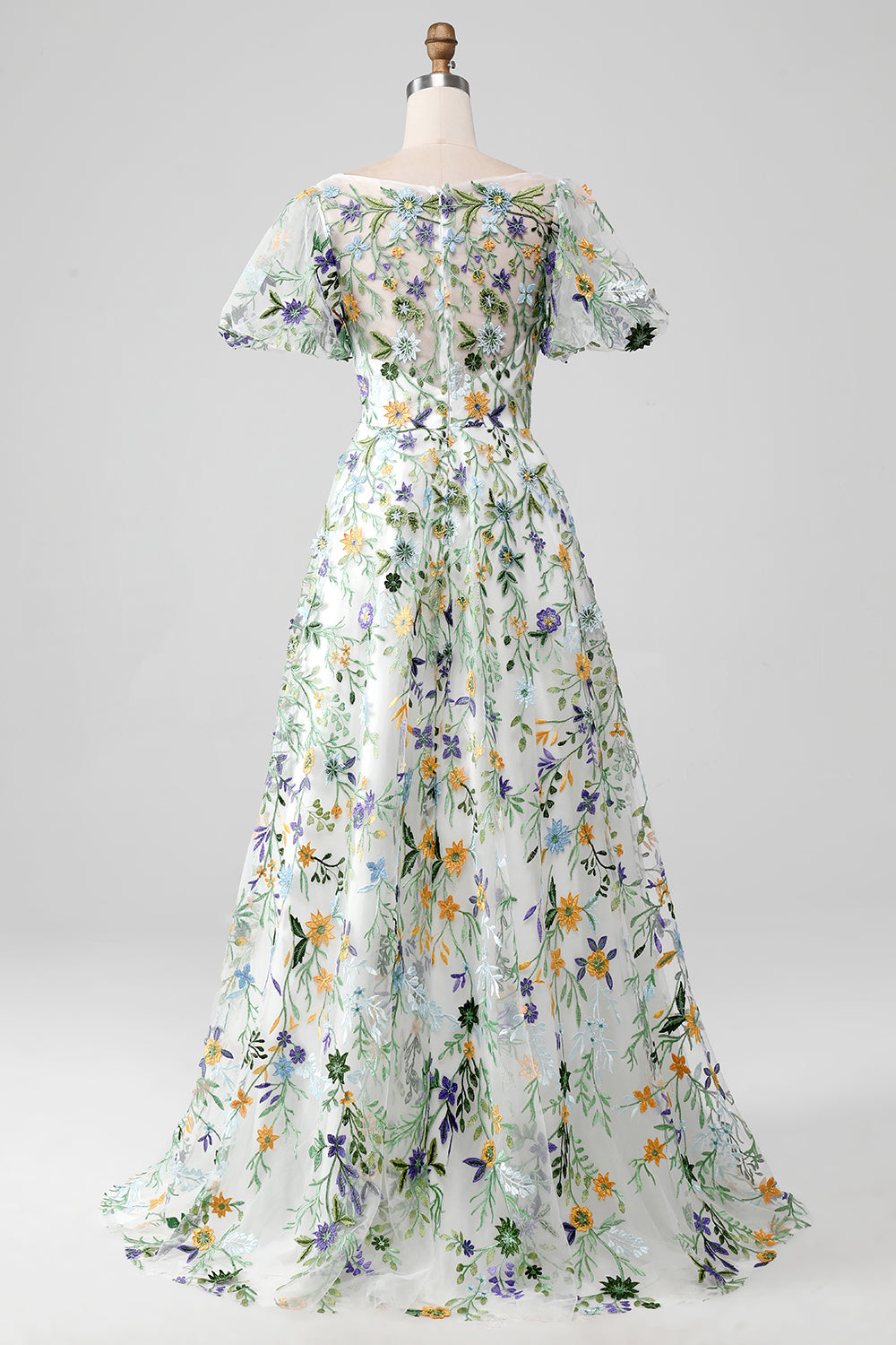 Mauve Ball-Gown/Princess Long Embroidered Formal Dress with Short Sleeves