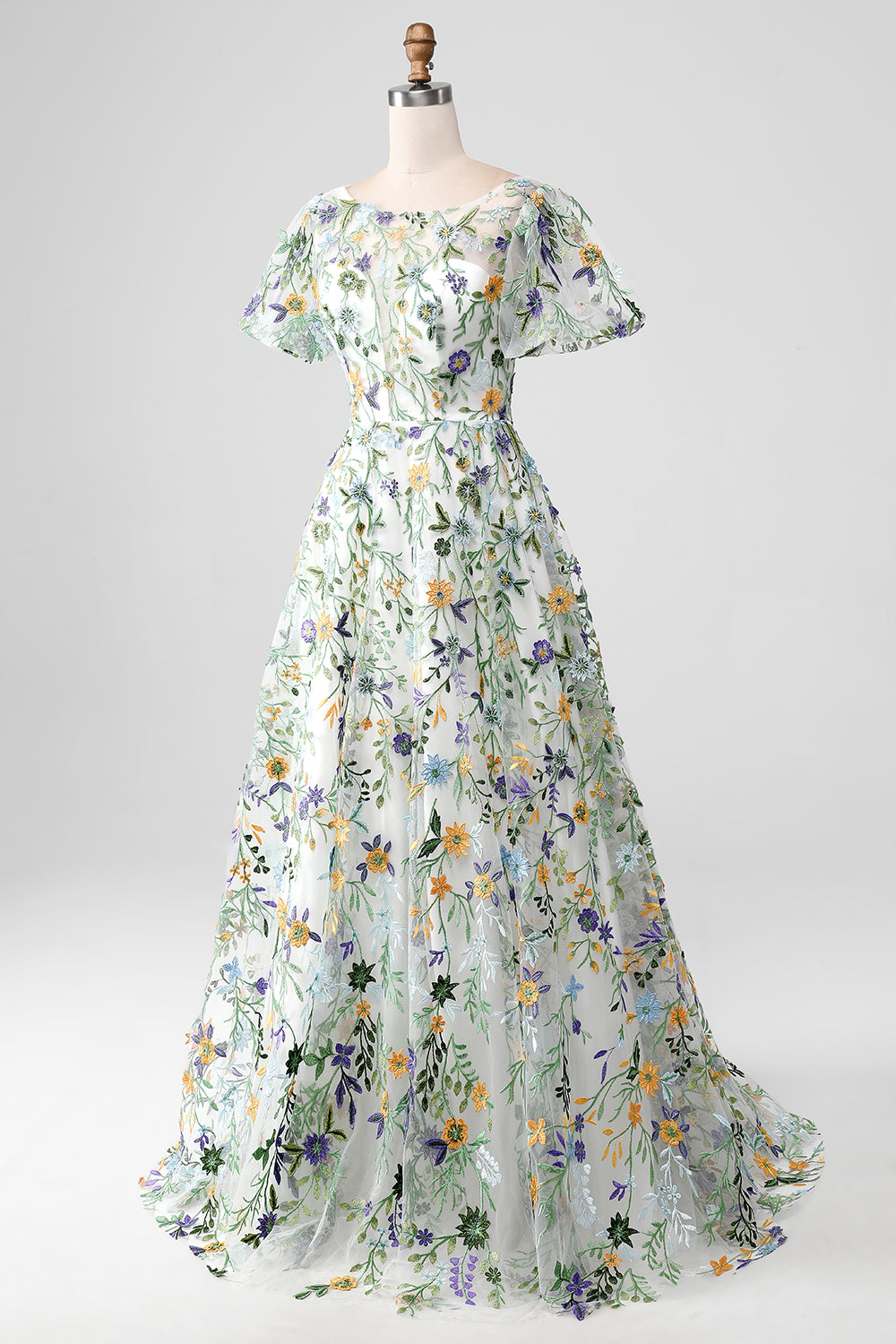 Mauve Ball-Gown/Princess Long Embroidered Formal Dress with Short Sleeves