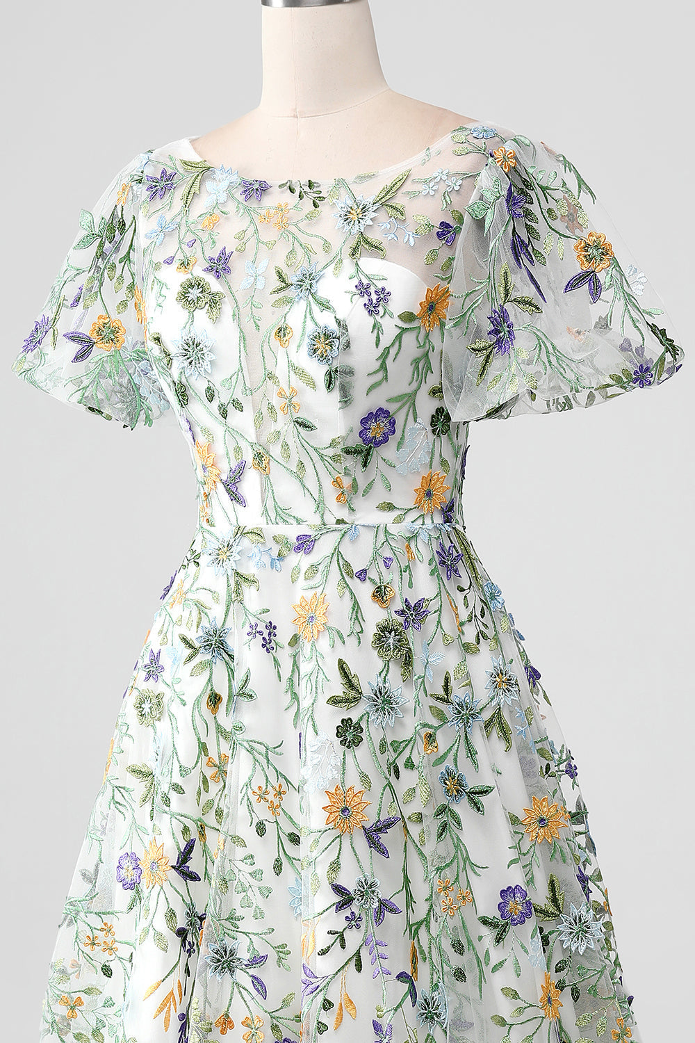 Mauve Ball-Gown/Princess Embroidered Formal Dress with Short Sleeves