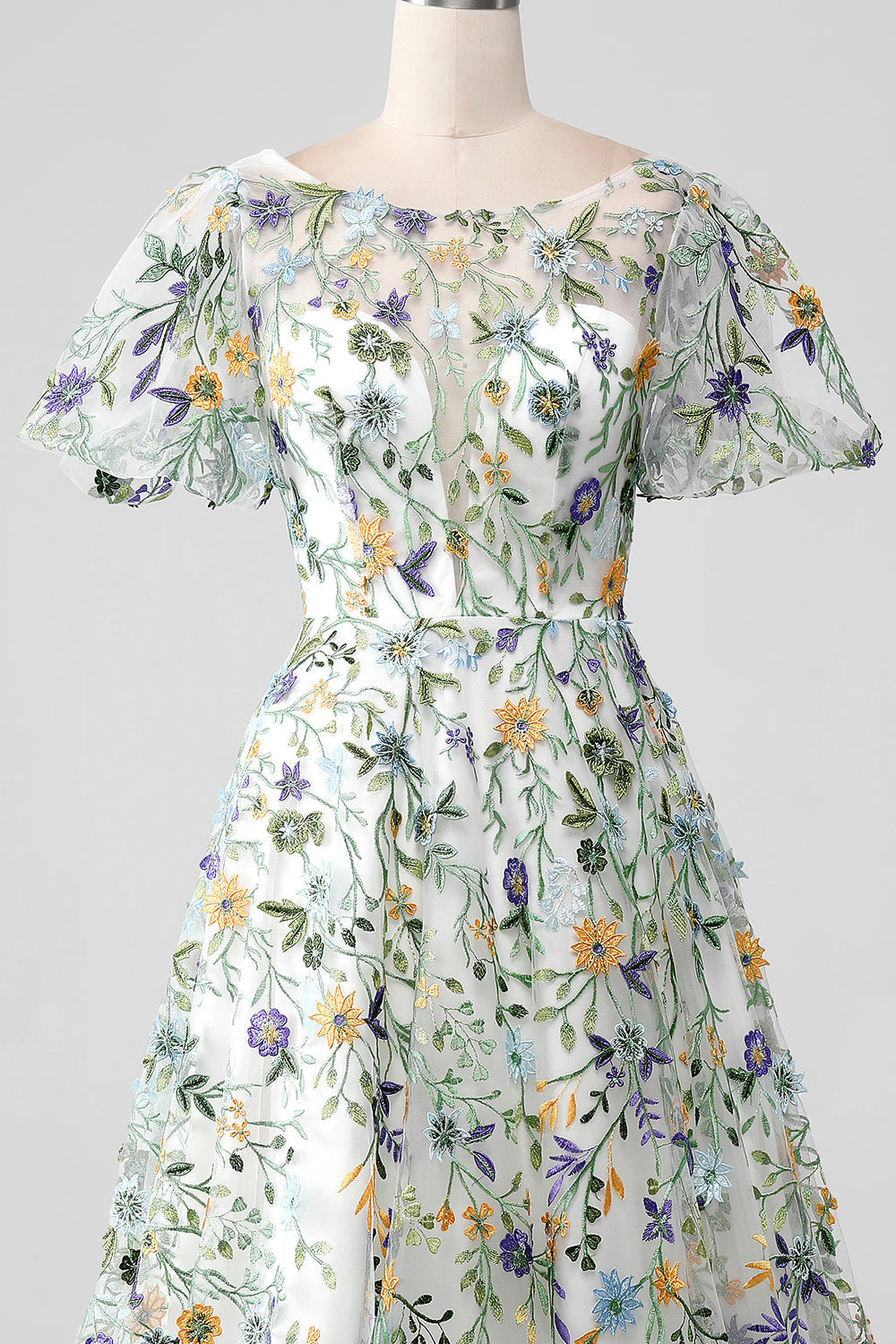 Mauve Ball-Gown/Princess Embroidered Formal Dress with Short Sleeves