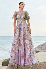 Mauve Ball-Gown/Princess Long Embroidered Formal Dress with Short Sleeves