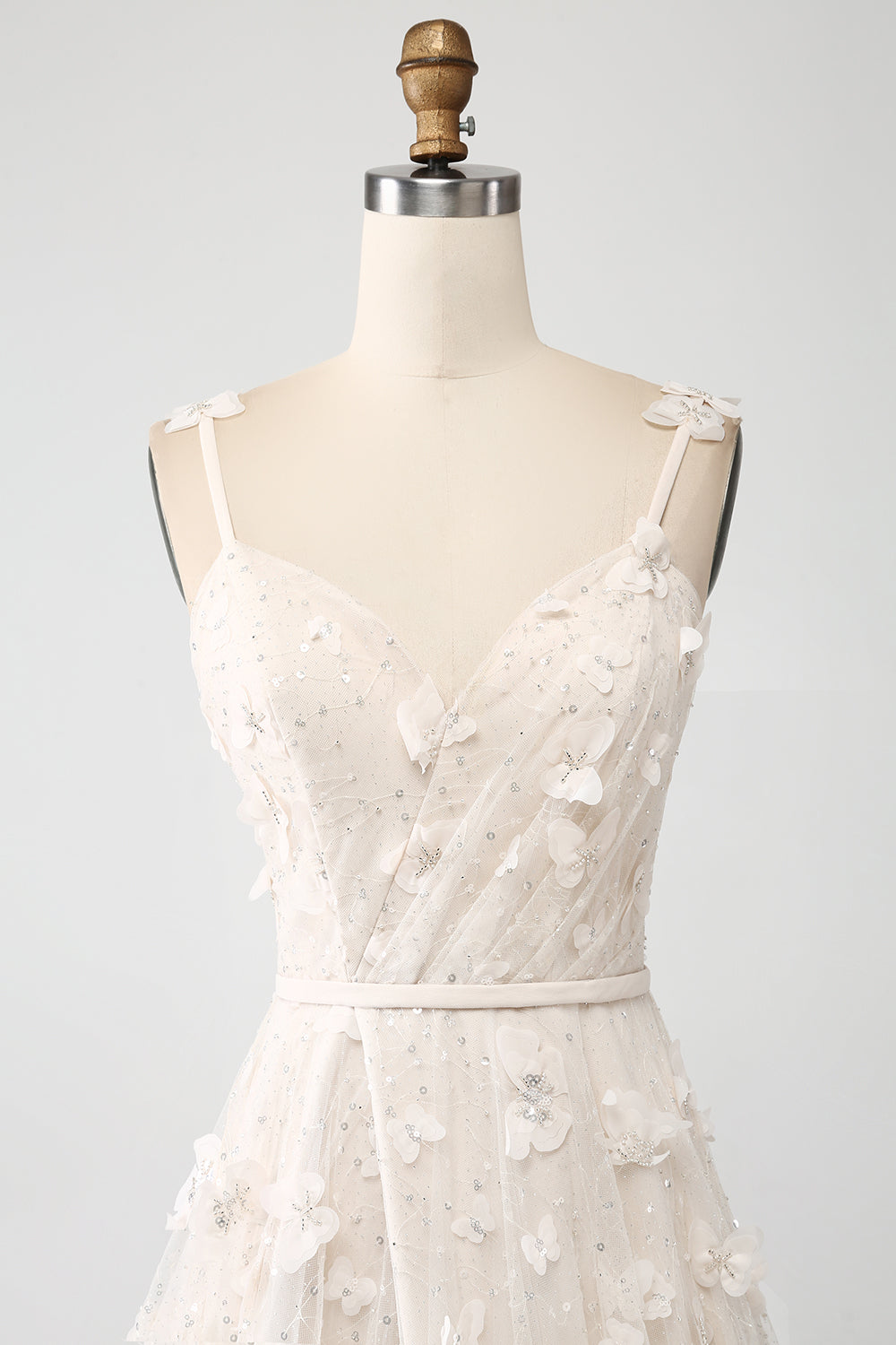 Apricot A Line Spaghetti Straps Appliques Long Wedding Dress with Slit