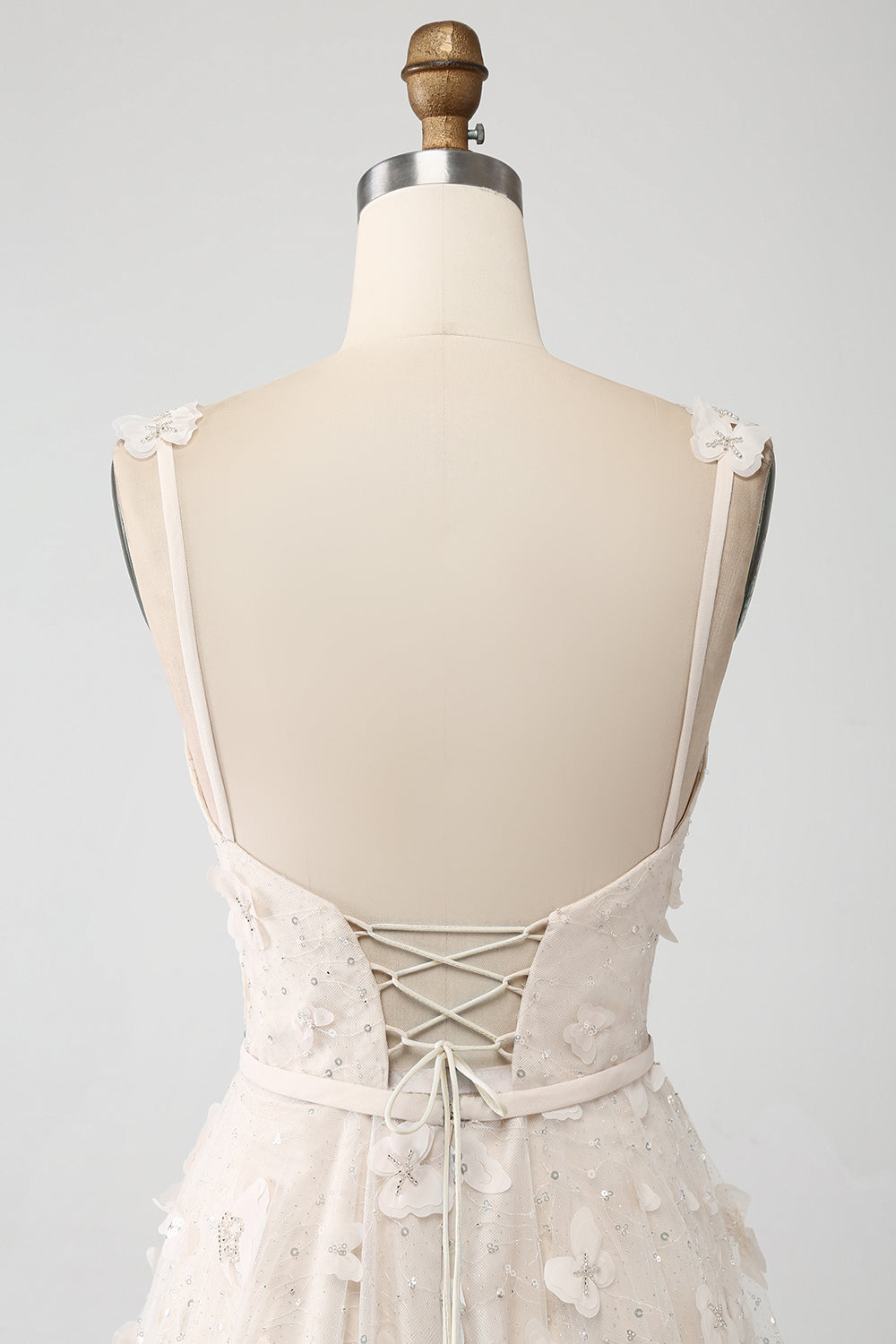 Apricot A Line Spaghetti Straps Appliques Long Wedding Dress with Slit