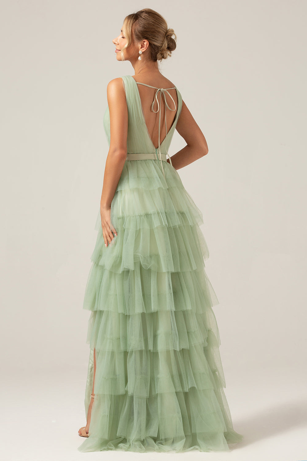 Green Tiered A Line V-Neck Tulle Long Formal Dress with Slit