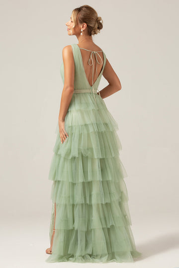 Green Tiered A Line V-Neck Tulle Long Formal Dress with Slit