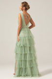 Green Tiered A Line V-Neck Tulle Long Formal Dress with Slit