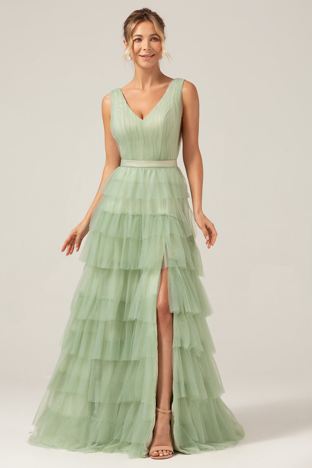 Green Tiered A Line V-Neck Tulle Long Formal Dress with Slit