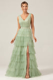 Green Tiered A Line V-Neck Tulle Long Formal Dress with Slit