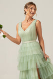 Green Tiered A Line V-Neck Tulle Long Formal Dress with Slit