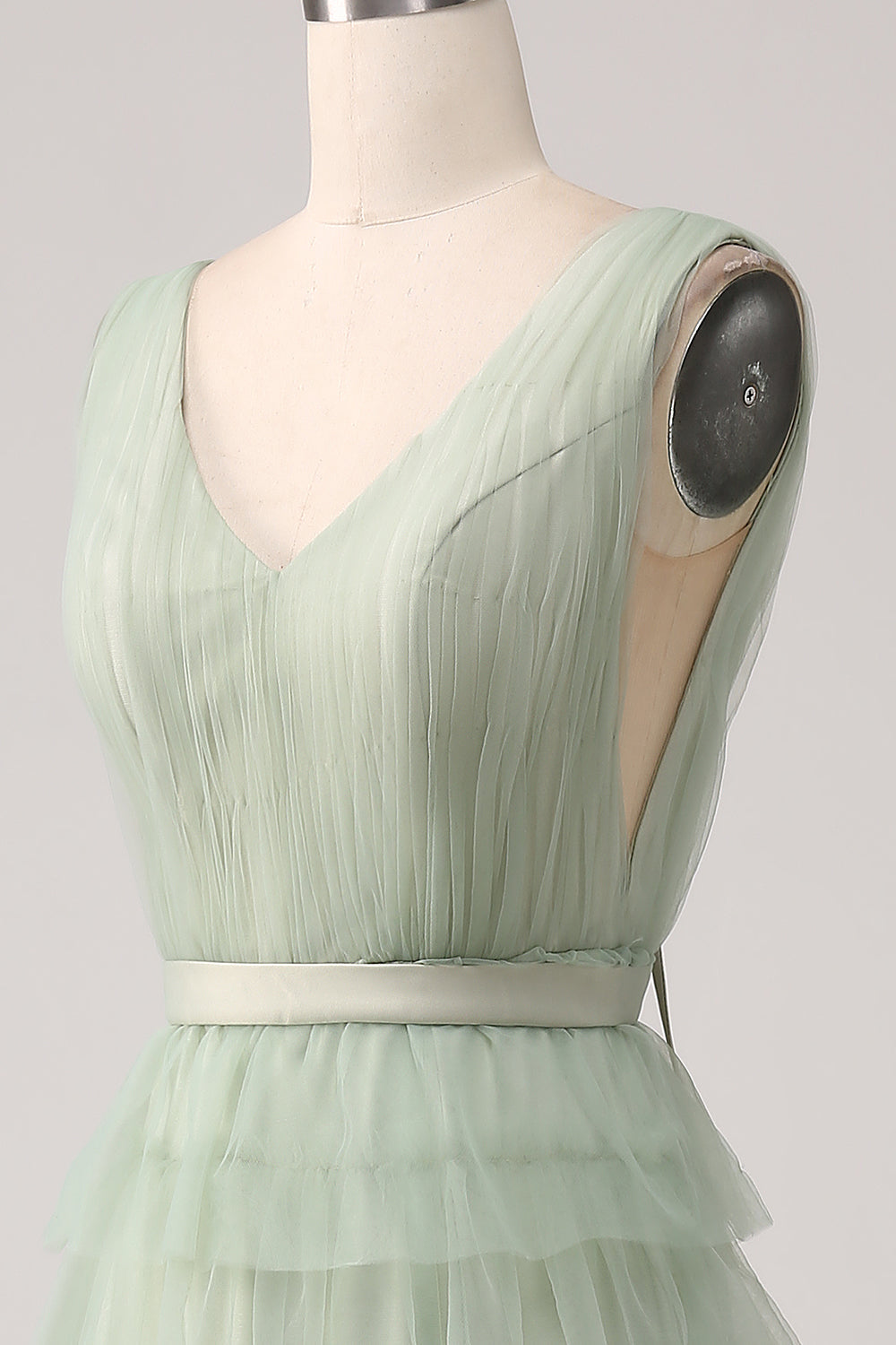 Pleated Tiered Green Formal Dress with Slit