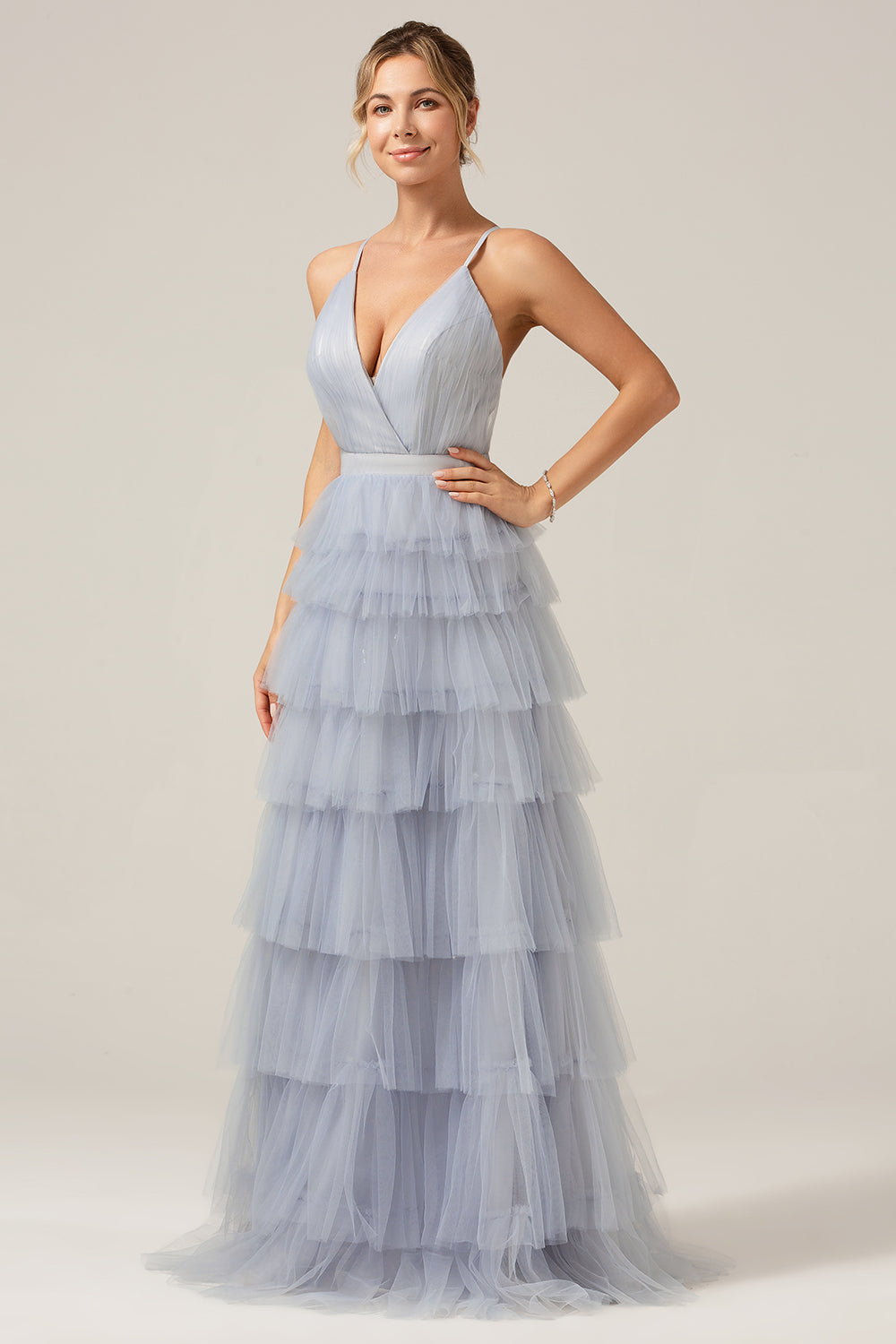 Grey Blue A Line Tiered Tulle Formal Dress