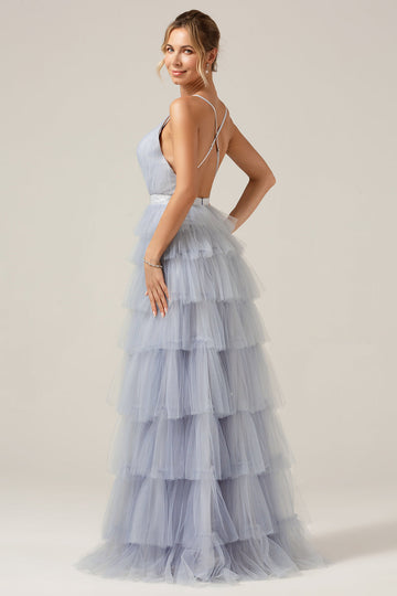 Grey Blue A Line Tiered Tulle Formal Dress