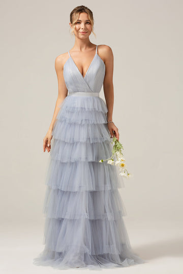 Grey Blue A Line Tiered Tulle Formal Dress