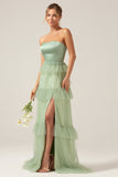 Matcha A-Line Strapless Long Bridesmaid Dress with Ruffles