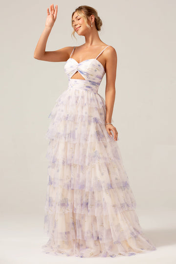 Lavender Flower Princess Spaghetti Straps Tiered Formal Dress with Ruffles