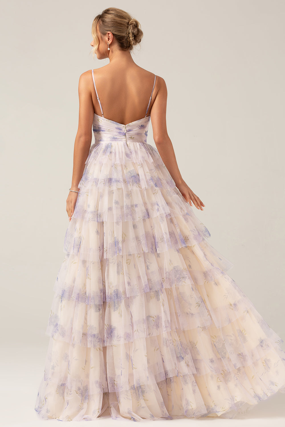 Lavender Flower Princess Spaghetti Straps Tiered Formal Dress with Ruffles