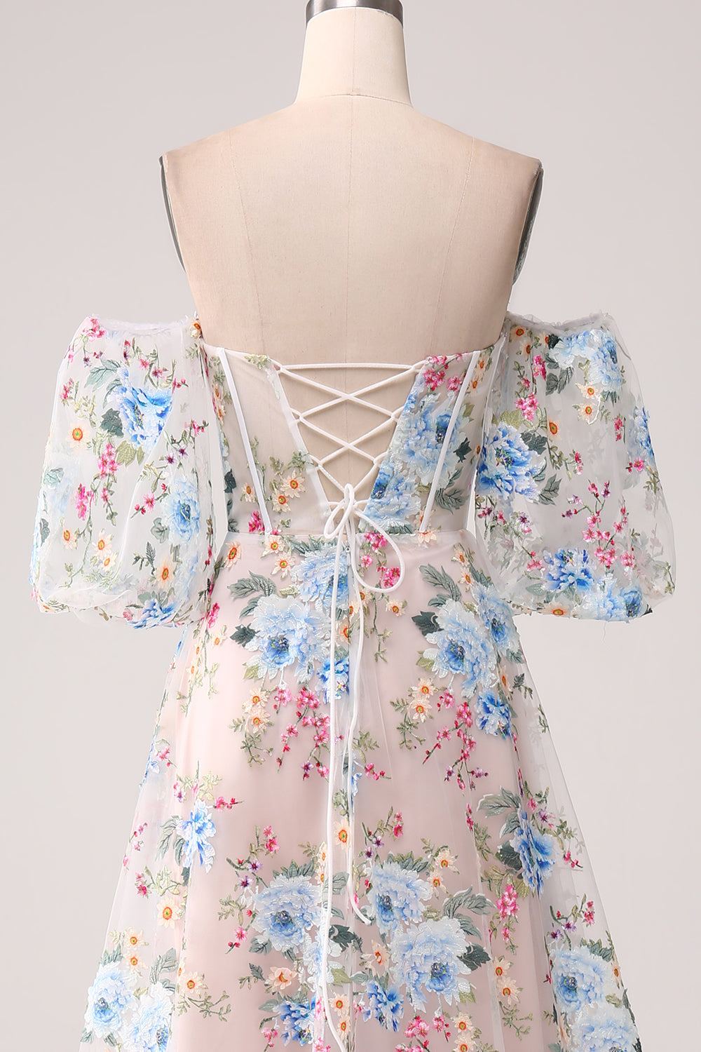 A-Line Apricot Flower Off the Shoulder Long Corset Formal Dress