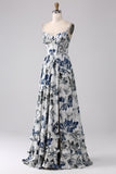 Pleated Blue Printed Corset Long Formal Dress with Slit