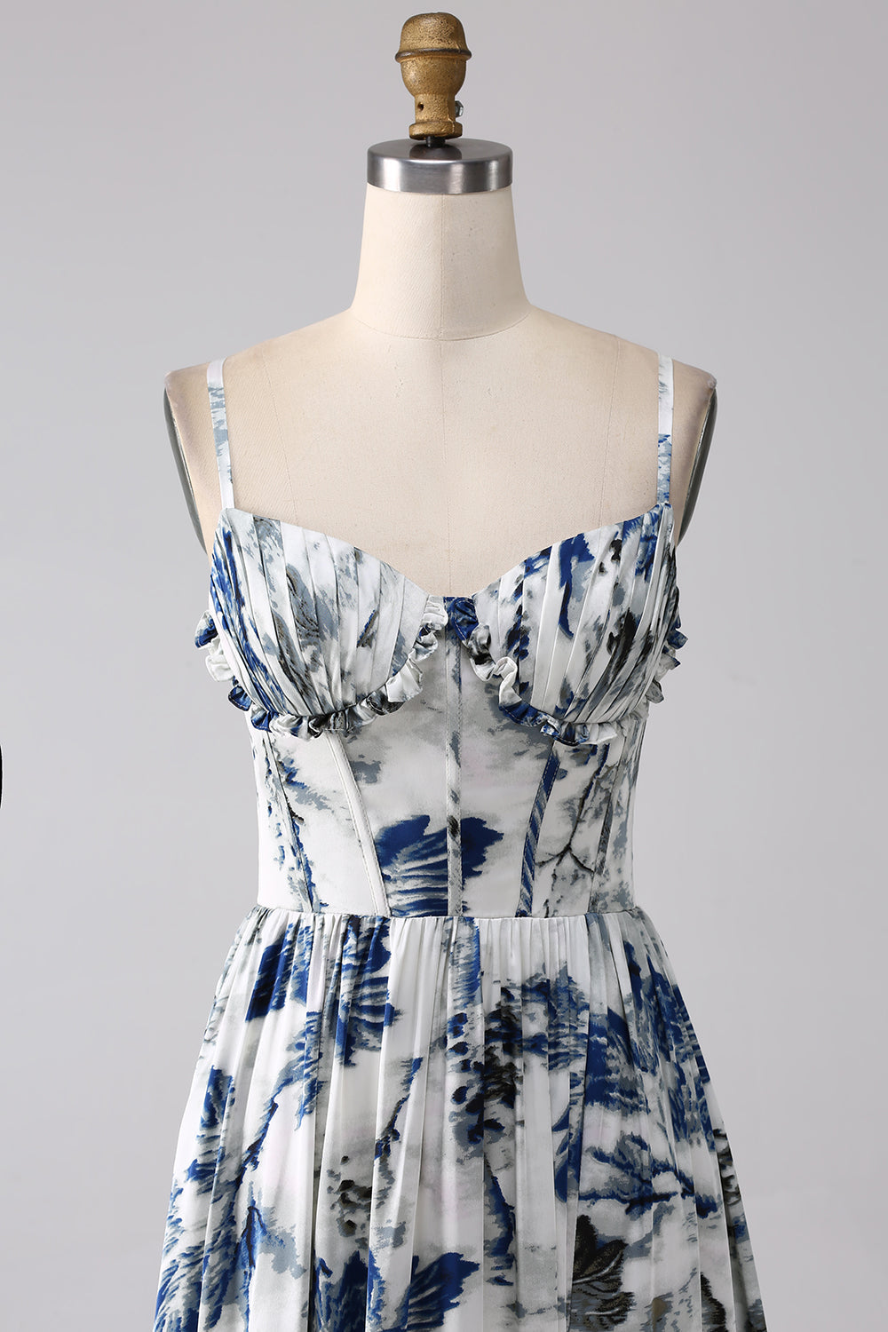Pleated Blue Printed Corset Long Formal Dress with Slit