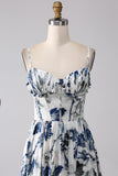 Pleated Blue Printed Corset Long Formal Dress with Slit