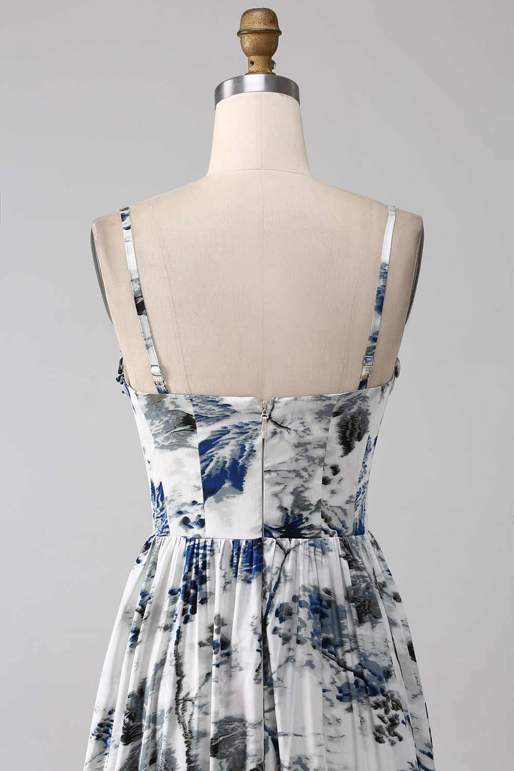 Pleated Blue Printed Corset Long Formal Dress with Slit
