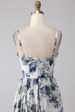 Pleated Blue Printed Corset Long Formal Dress with Slit