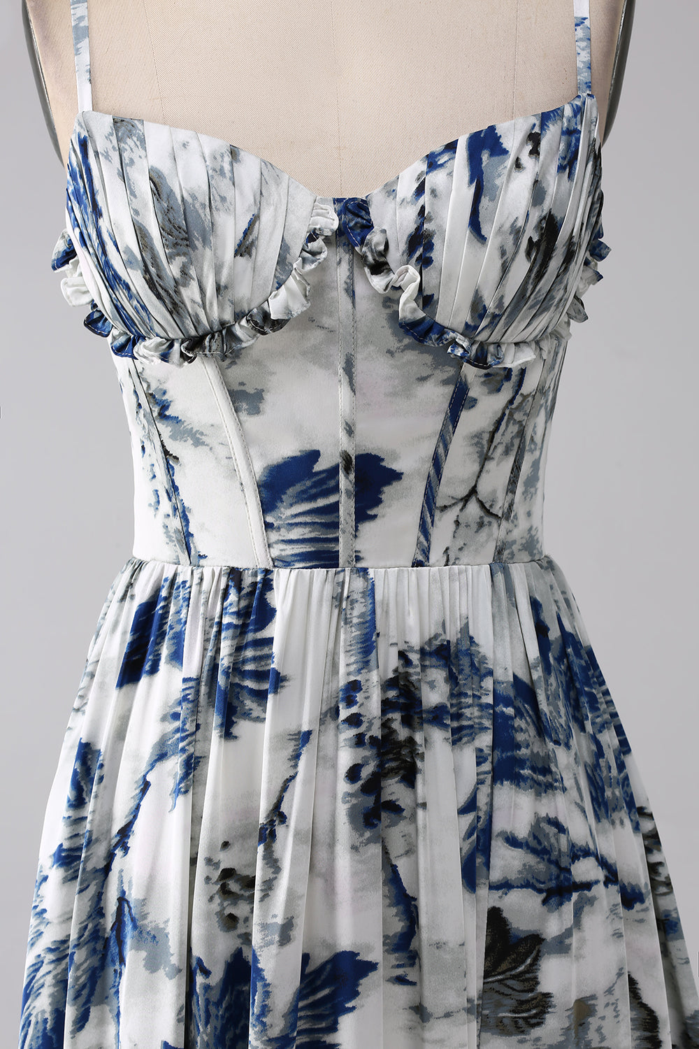 Pleated Blue Printed Corset Long Formal Dress with Slit