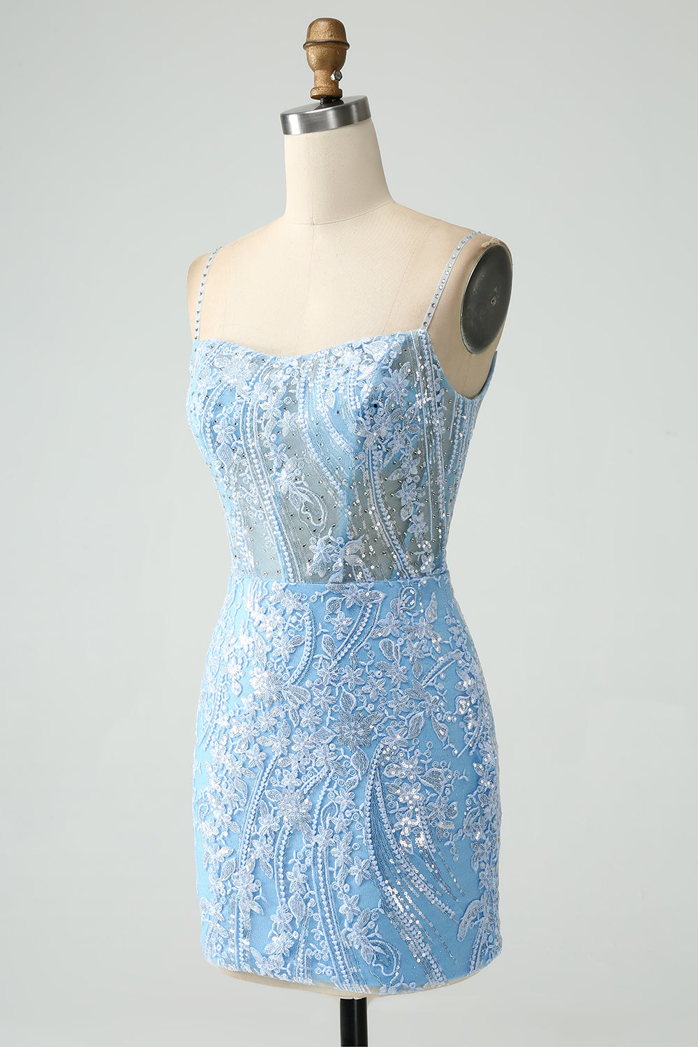 Sparkly Sky Blue Spaghetti Straps Beaded Short Cocktail Dress