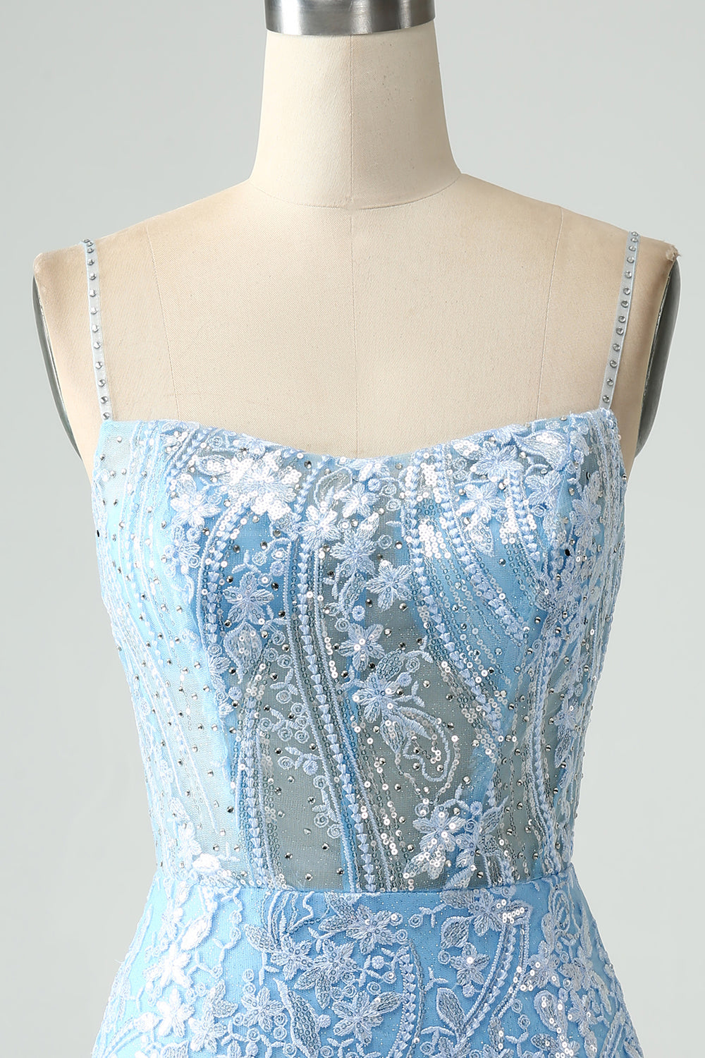 Sparkly Sky Blue Spaghetti Straps Beaded Short Cocktail Dress
