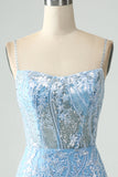 Sparkly Sky Blue Spaghetti Straps Beaded Short Cocktail Dress