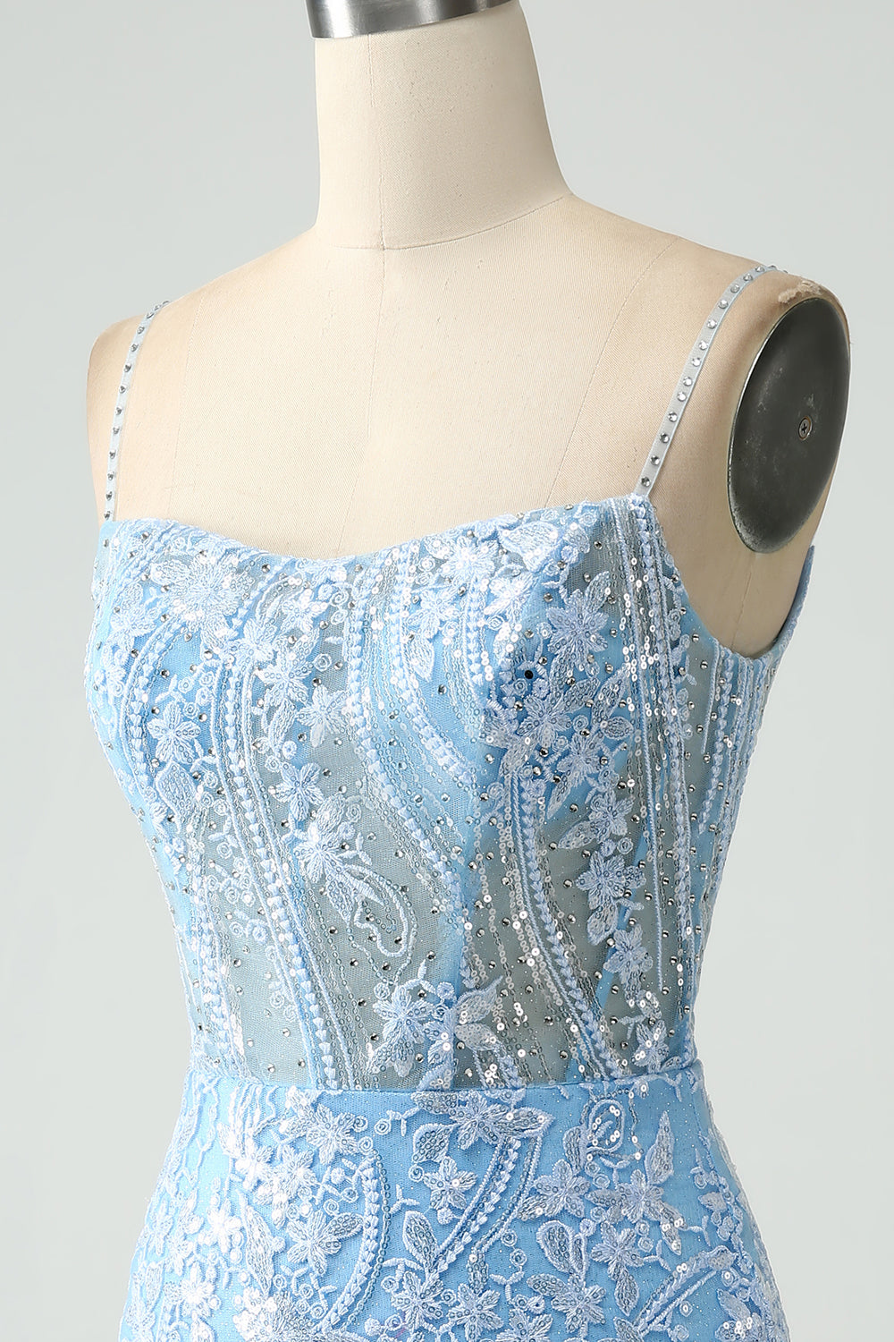Sparkly Sky Blue Spaghetti Straps Beaded Short Cocktail Dress