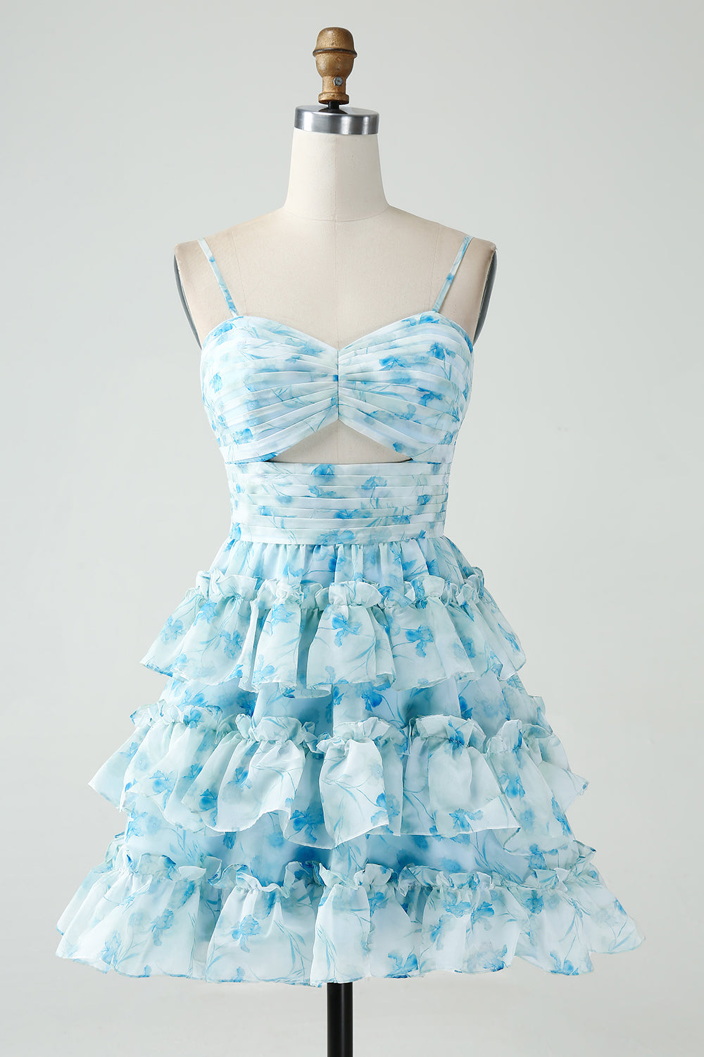 A-Line Tiered Blue Floral Cut Out Short Homecoming Dress