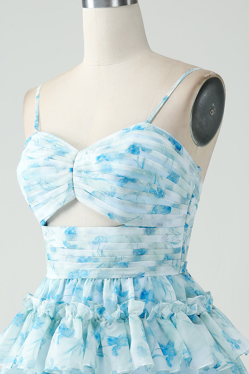 A-Line Spaghetti Straps Tiered Blue Floral Short Cocktail Dress