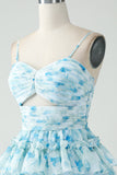 A-Line Spaghetti Straps Tiered Blue Floral Short Cocktail Dress