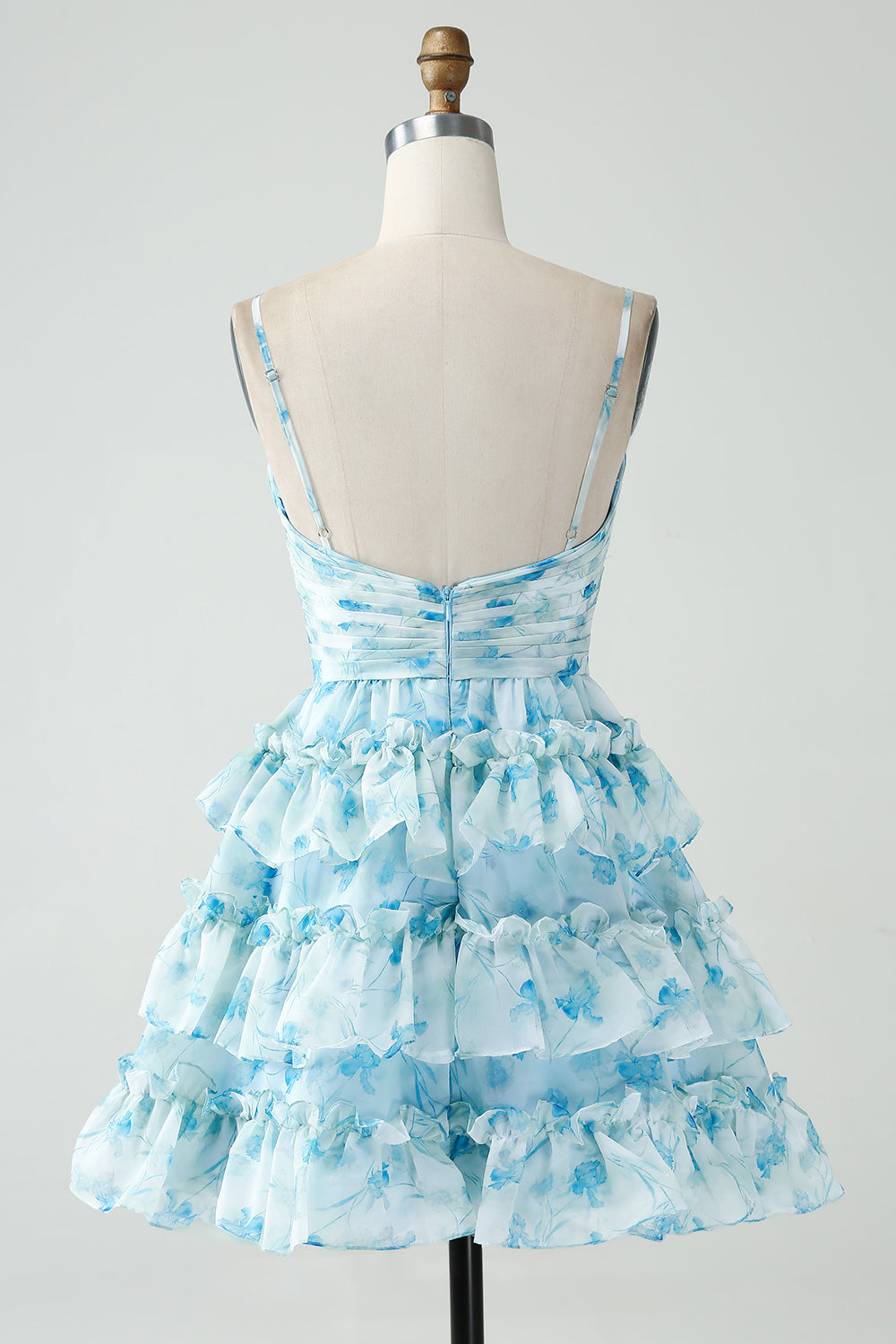 A-Line Tiered Blue Floral Cut Out Short Homecoming Dress