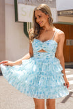 A-Line Tiered Blue Floral Cut Out Short Homecoming Dress